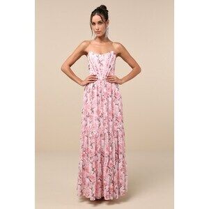 Lulus Special Moment Pink Floral Strapless Bustier Maxi Dress - Size L